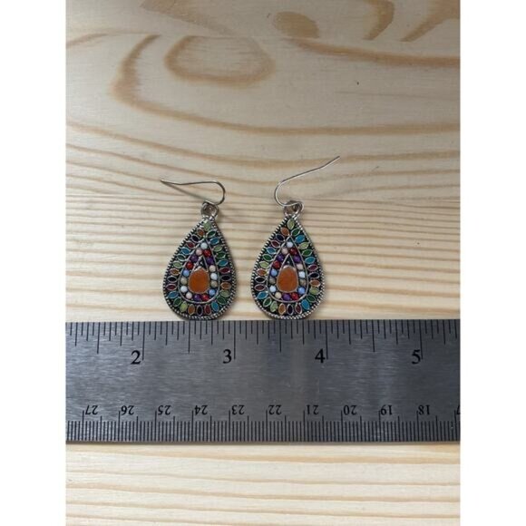 Bohemian Boho Earth Tone Colored Teardrop Dangle Earrings - Picture 3 of 4